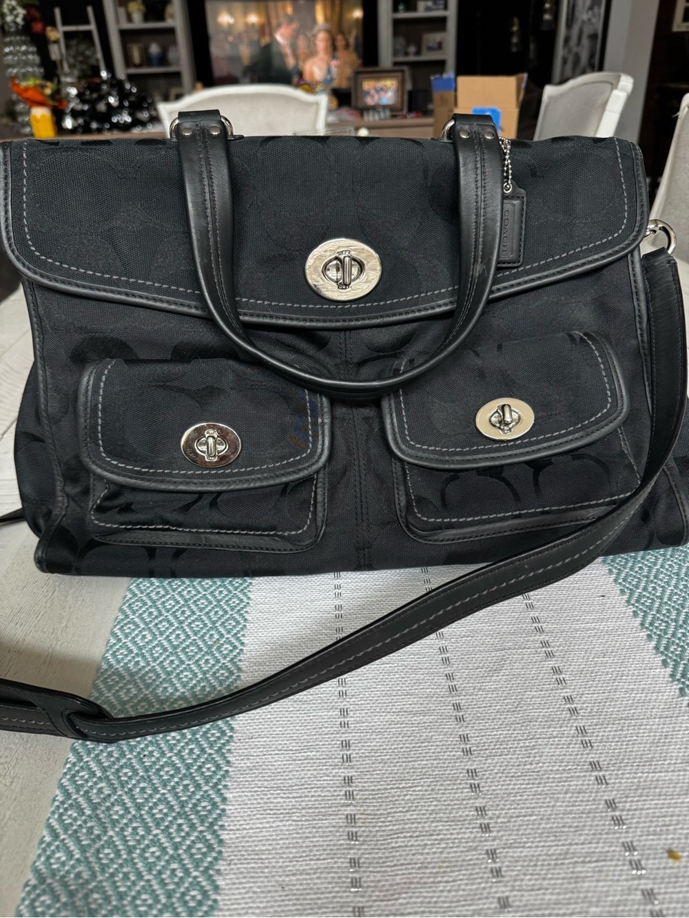 Coach Black Signature Canvas Satchel with Turnlock Pockets